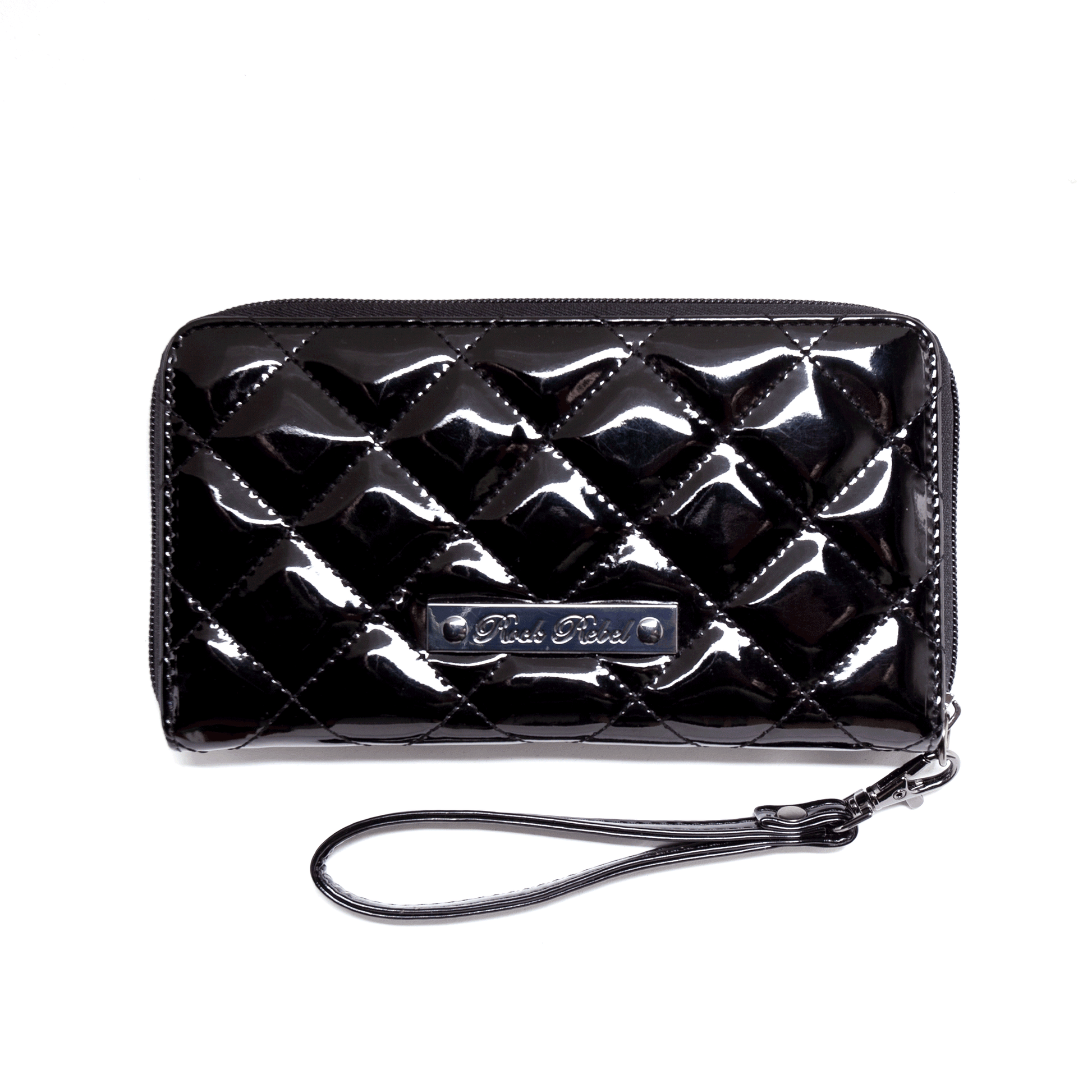 CHANEL BLACK PATENT LEATHER QUILTED ZIP AROUND COIN PURSE